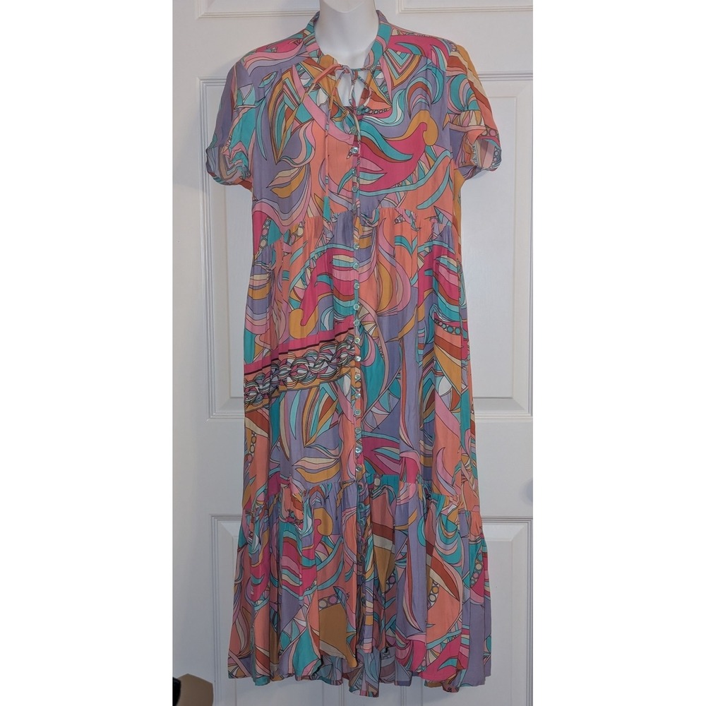 Tolani Women's Boho Abstract Print Tiered Midi Dress Tie Neck Size Small